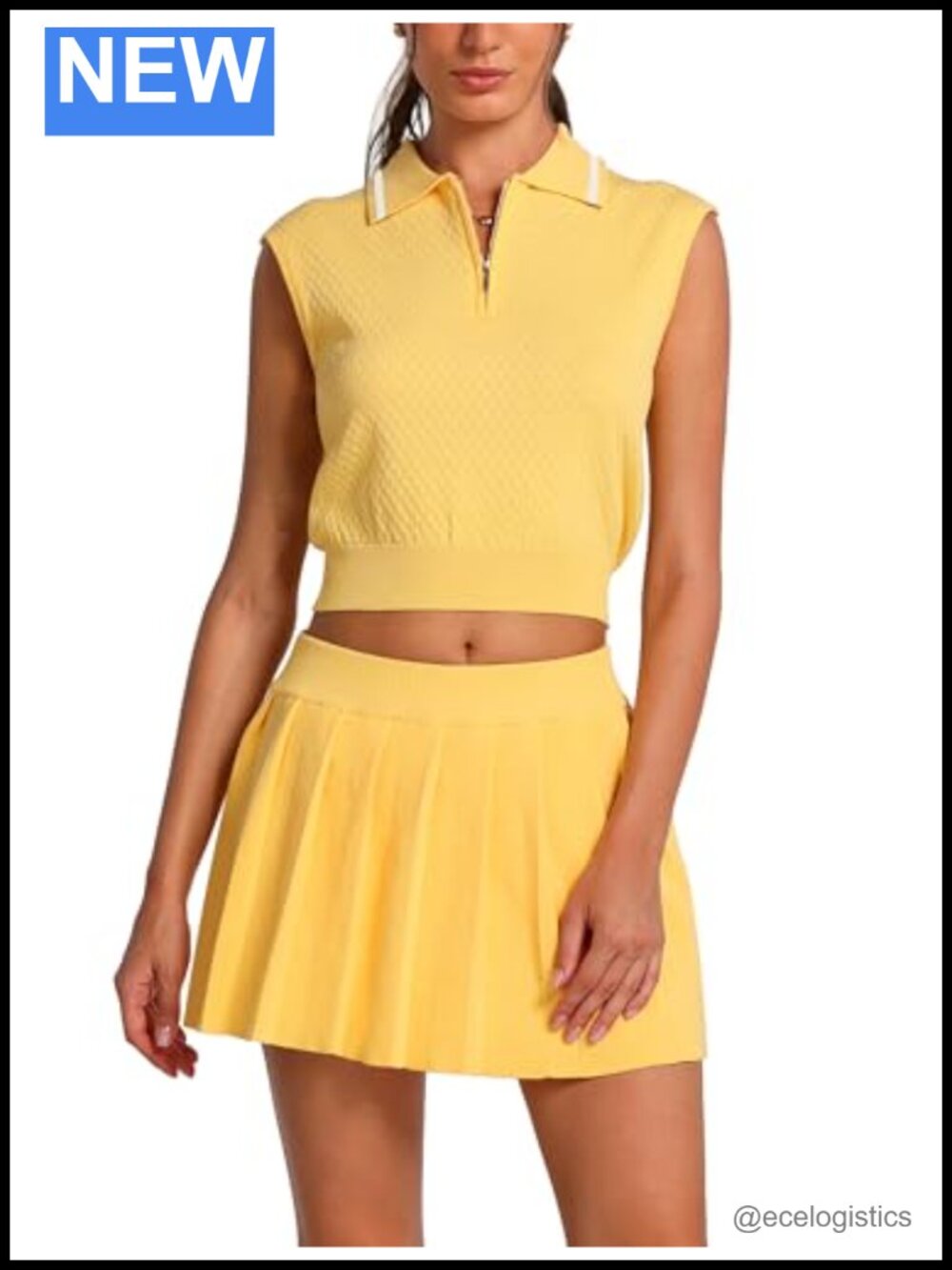 Women's 2 Piece Knit Skirt Set Half Zip Tank Pleated Skort with Shorts